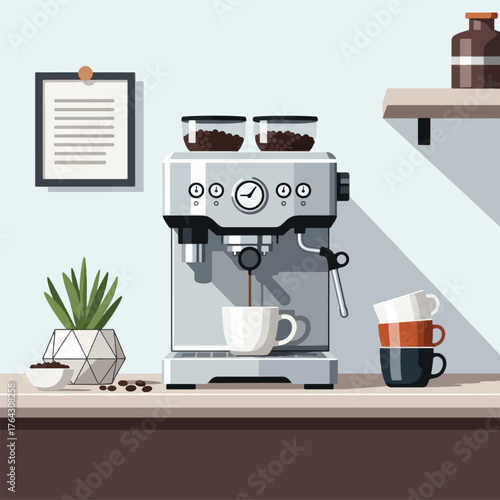 Modern espresso machine brewing a fresh cup of coffee on a kitchen countertop with plants and stacked cups.