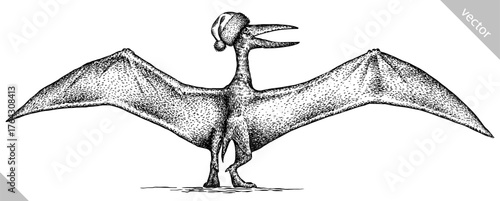 Vintage engraving christmas isolated pterosaur set illustration pterodactylus ink santa costume sketch. Flying dinosaur background silhouette Jurassic new year hat art. Hand drawn vector image