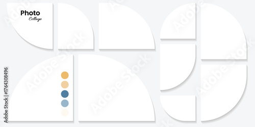 Photo collage template featuring geometric curved shapes and color palette for web presentation