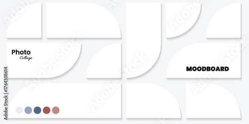 Modern moodboard layout with photo collage and geometric curved shape design element