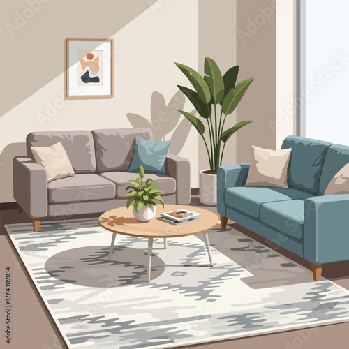 A cozy living room with two sofas, a coffee table, and a potted plant, bathed in sunlight.