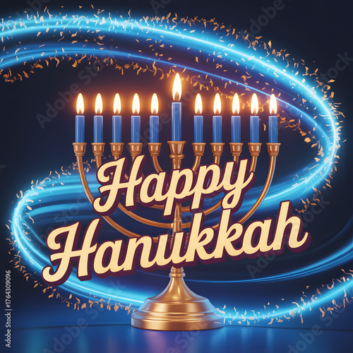 Glowing menorah with ten lit candles and swirling blue lights celebrating happy hanukkah
