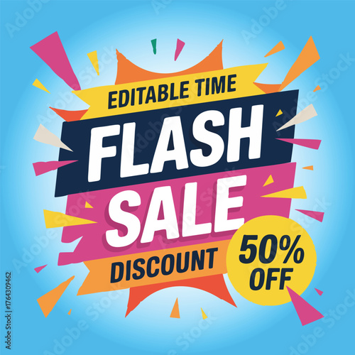 Flash Sale 50 Percent Off Discount With Colorful Explosions And Blue Background fifty percent