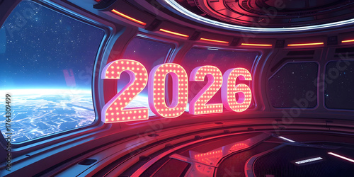 Fototapeta Naklejka Na Ścianę i Meble -  3D holographic “2026” on spaceship bridge, starfield outside windows, futuristic cinematic glow.