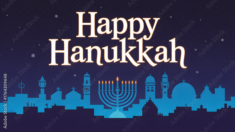Fototapeta premium Happy hanukkah greeting with a glowing menorah and a silhouette of jerusalem at night
