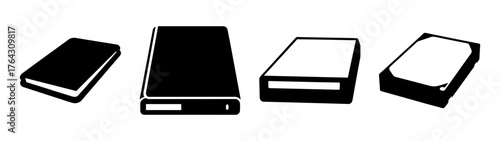 Four diverse hard drive devices representing data storage and technology in a simple line art style