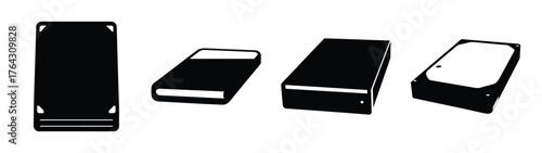 Collection of external hard drive icons showing different perspectives of storage devices
