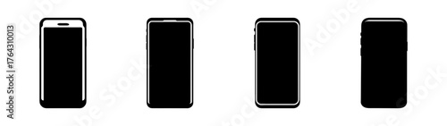 Set of four modern smartphones viewed from the front showcasing diverse designs and screen sizes