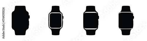 Four black smartwatch icons showing different angles and styles perfect for technology design