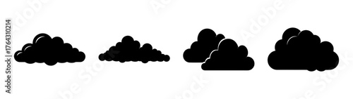 Collection of four distinct solid black abstract cloud-like shapes with rough textured outlines representing nature and weather elements