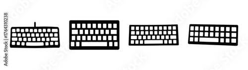 Collection of computer keyboards displaying various layouts and sizes for digital input and technology themes