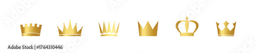Realistic Detailed 3d Gold Royal Objects Set Include of Golden Crown and Flag. Vector illustration of Crowns, vector illustration.