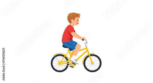 A cheerful young boy in a red t-shirt and blue shorts rides a bright yellow bicycle, enjoying a sunny day outdoors with a smile