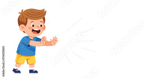 Cute little boy with open hands gestures, inviting or showing something with excitement, isolated on white background, cartoon illustration