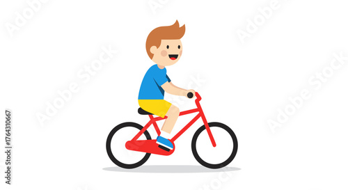 Happy young boy with brown hair wearing a blue shirt and yellow shorts rides a red bicycle on a white background