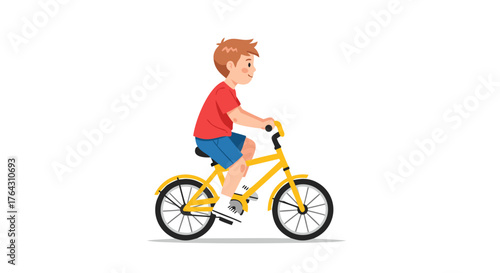 A young boy happily riding his bicycle on a white background, enjoying a sunny day outdoors, promoting healthy activity and childhood fun