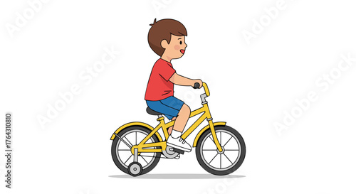 A young boy wearing a red t-shirt and blue shorts happily rides a yellow bicycle with training wheels, enjoying a sunny outdoor adventure