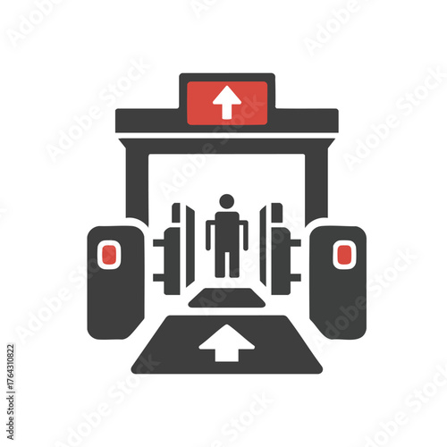 Flat airport security checkpoint icon with metal detector and arrow