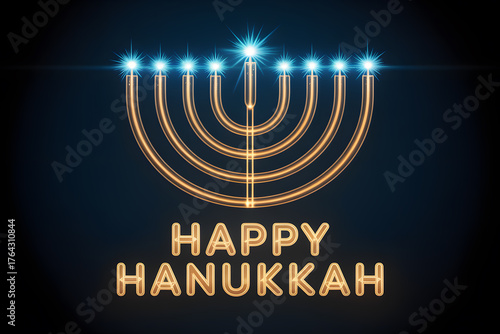 Glowing menorah with bright blue lights and happy hanukkah text on dark background