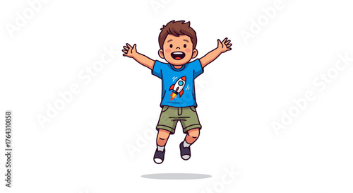 Joyful young boy in mid-air, arms outstretched, wearing a t-shirt with a rocket graphic, celebrating a happy moment