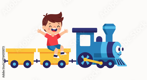 Happy young boy enjoying a fun ride on a colorful toy train, illustrating childhood joy and playful adventures in a whimsical setting