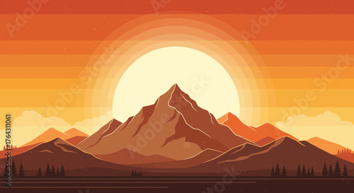 Retro Mountain Sunset Vintage Landscape Illustration Capturing the Golden Hour's Warmth