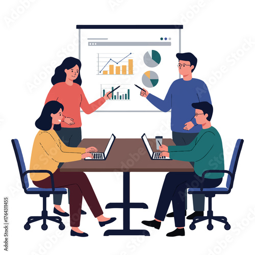 Diverse business team of four professionals collaborates in a meeting room, reviewing charts and data projections displayed on a screen, presented as a vibrant 2D flat vector illustration.