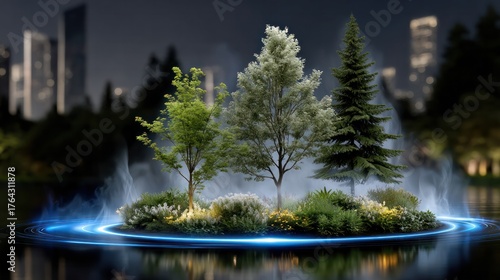 Island of Tranquility: An enchanting nighttime scene where a miniature island, adorned with verdant trees and lush greenery, floats serenely on a reflective body of water.