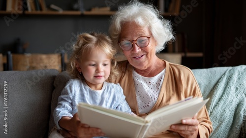 Woman and child reading book together at home.