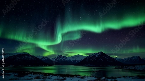 a dramatic night view with the bright green aurora borealis arcing across the dark, starry sky