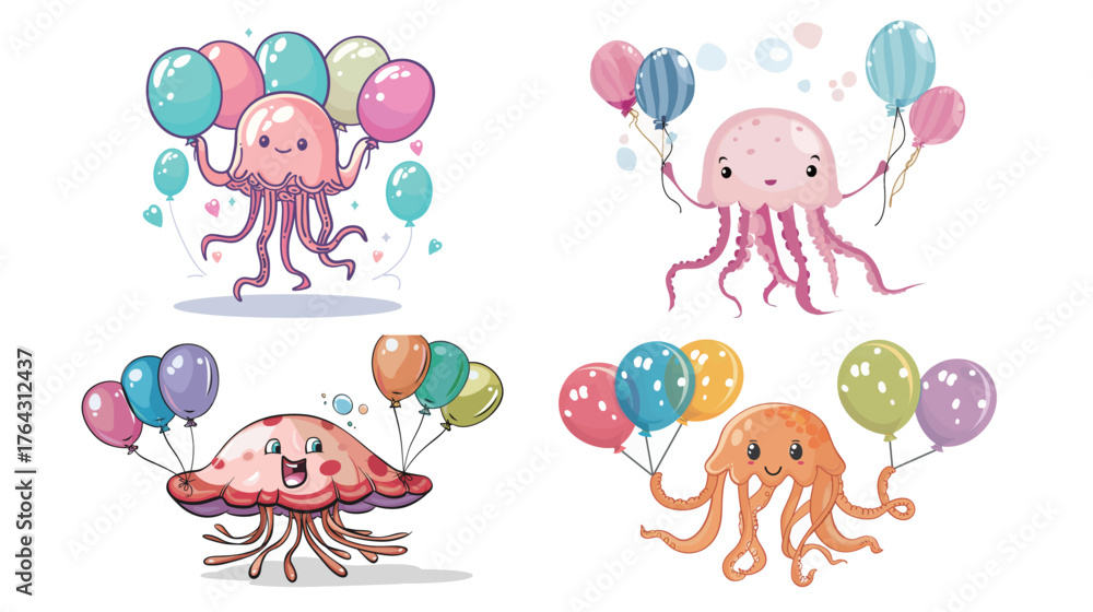 Obraz premium Cute jellyfish holding colorful balloons and floating in the air, cheerful cartoon sea creature vector illustration