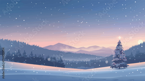 Peaceful winter landscape covered in fresh snow, quiet serene nature scenery in soft morning light
