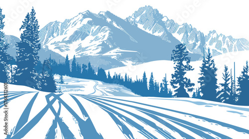 Winter landscape with ski tracks in fresh snow, scenic snowy field and mountain nature background