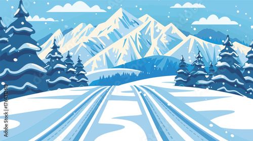 Winter landscape with ski tracks in fresh snow, scenic snowy field and mountain nature background