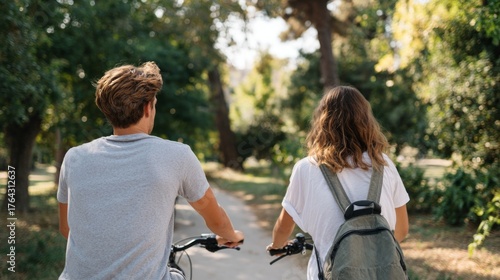 Couple riding bikes through a park.