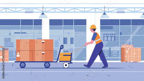 Minimal worker character pulling a cart, simple flat silhouette vector illustration