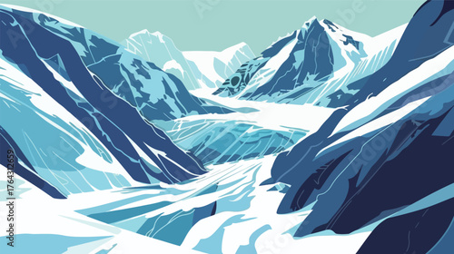 Abstract line art of glacier hiking scene, minimalist mountain adventure illustration