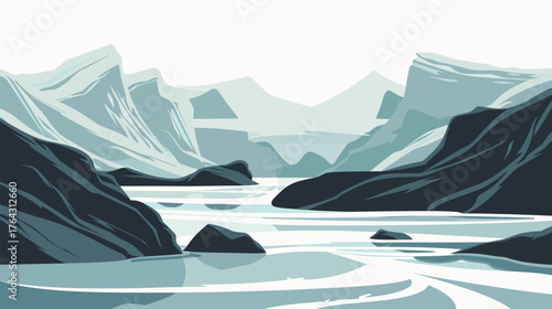 Abstract line art of glacier hiking scene, minimalist mountain adventure illustration