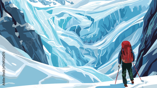 Abstract line art of glacier hiking scene, minimalist mountain adventure illustration