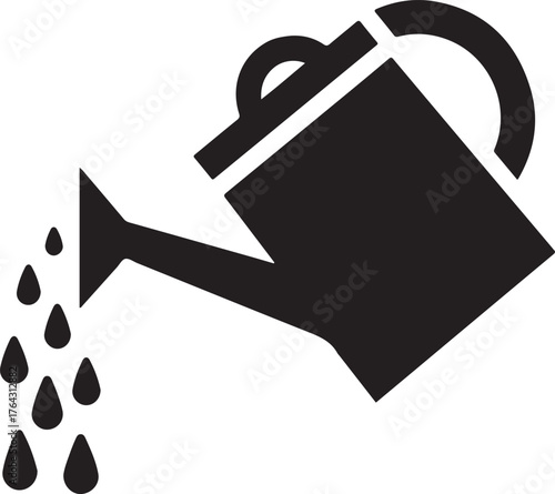 Black silhouette of a watering can pouring water drops