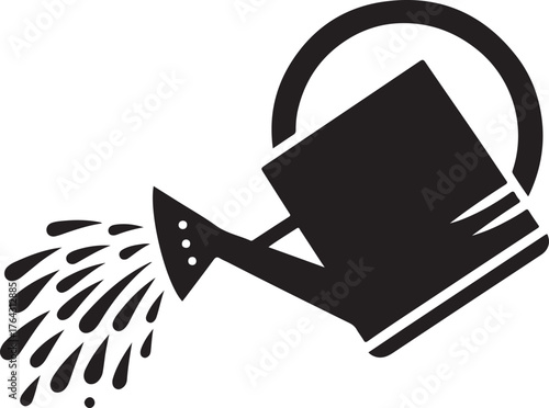 Black silhouette of a watering can pouring water drops