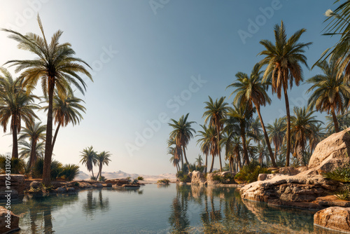 Lush tropical oasis featuring palm trees surrounding a serene body of water, reflecting the clear blue sky, creating a tranquil and picturesque natural landscape