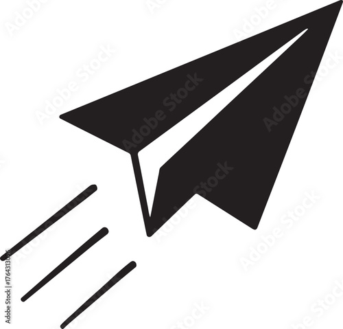 Paper airplane silhouette icon, minimalist flight symbol, creativity and freedom concept design.