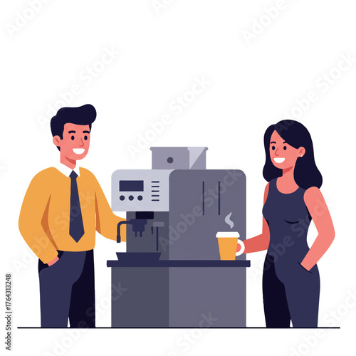 Smiling colleagues having a friendly casual conversation near an office coffee machine during a brief workplace break, illustrated in a vibrant 2D flat vector style.