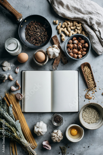 Culinary ingredients arranged around an open blank recipe book on a textured surface, showcasing a variety of spices, nuts, and fresh produce for creative cooking inspiration