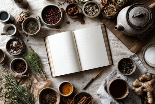 Open blank recipe book surrounded by various herbs, spices, and a teapot on a rustic table, inviting culinary creativity and exploration in a cozy kitchen setting