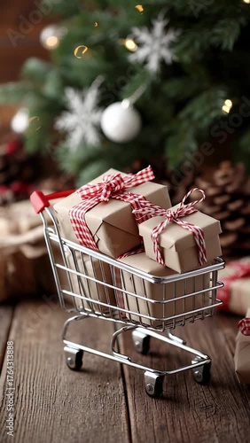 shopping cart with christmas presents and christmas tree on wooden table background