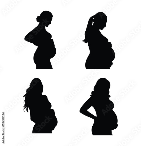 Pregnant woman silhouette, maternity profile vector, expecting mother clipart, side view pregnancy icons .  Future mom. Big set. eps 10