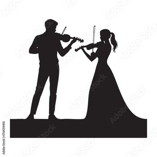 Silhouette of a man and woman playing violins on a stage vector