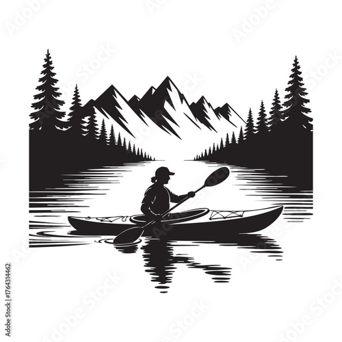 Silhouette of person kayaking on water with mountains and pine trees lake